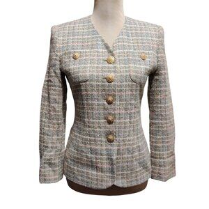 Vintage Saville Suit Tweed Blazer Size 2 Petite Gold Buttons Gray Rose USA Chic